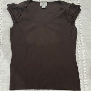 LOFT Brown Puff Sleeve Fitted Blouse